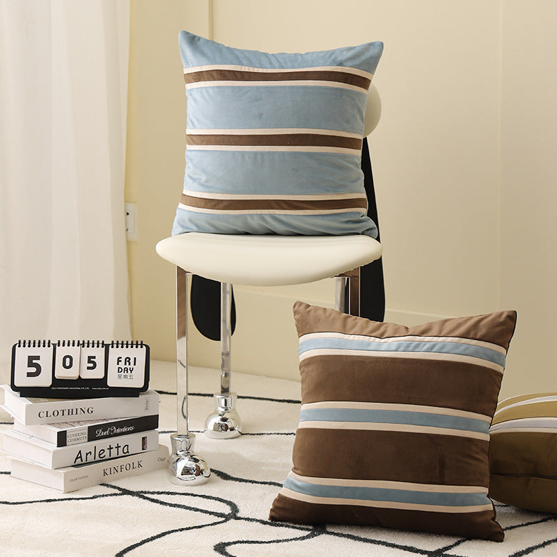 Square velvet decorative pillow with woven stripes and concealed zipper