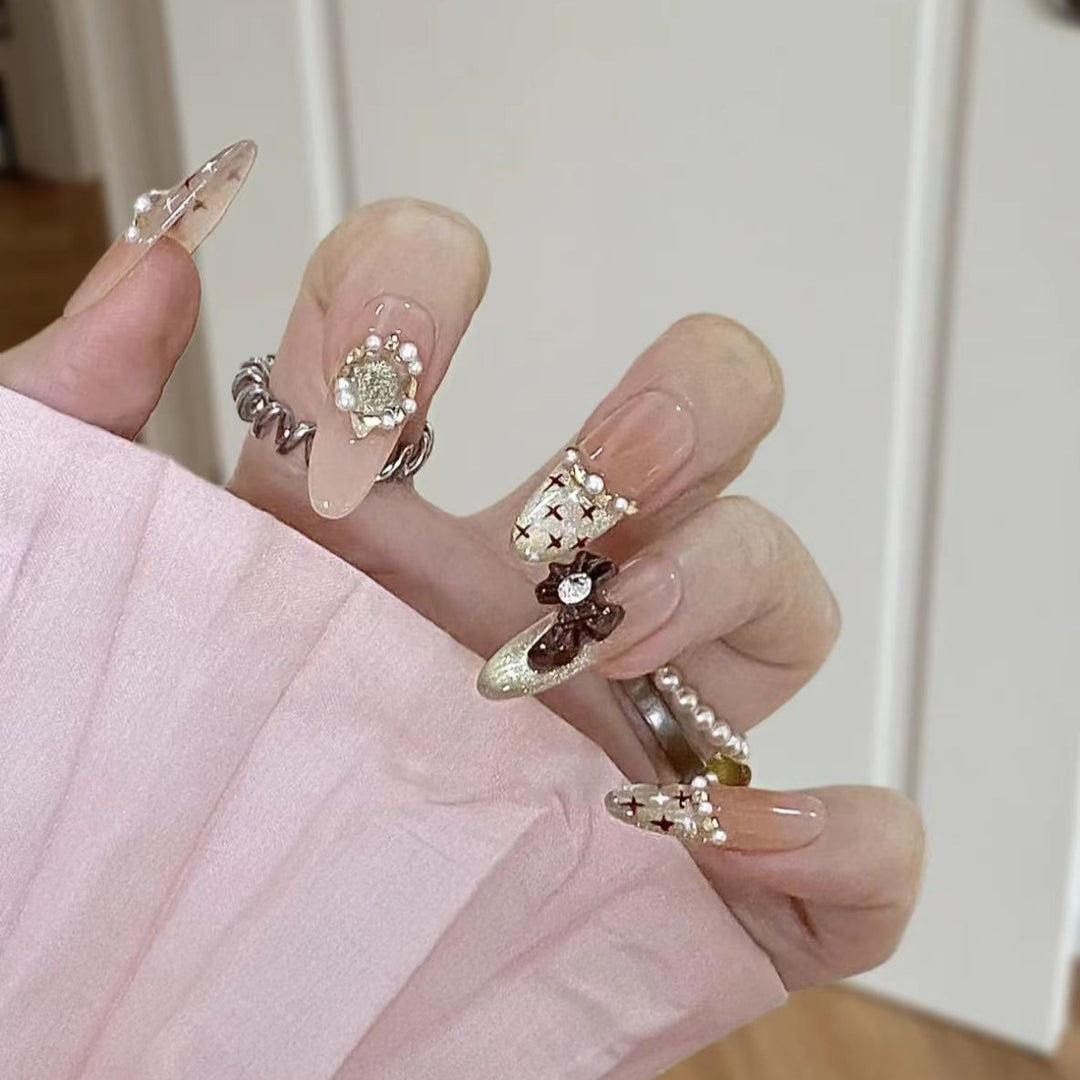 Artistic Stiletto Press-On Nail Set with Floral Embellishments Kalsten