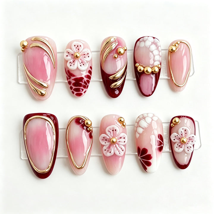 Artistic Press-On Nail Art Set with Floral and Gold Details Kalsten