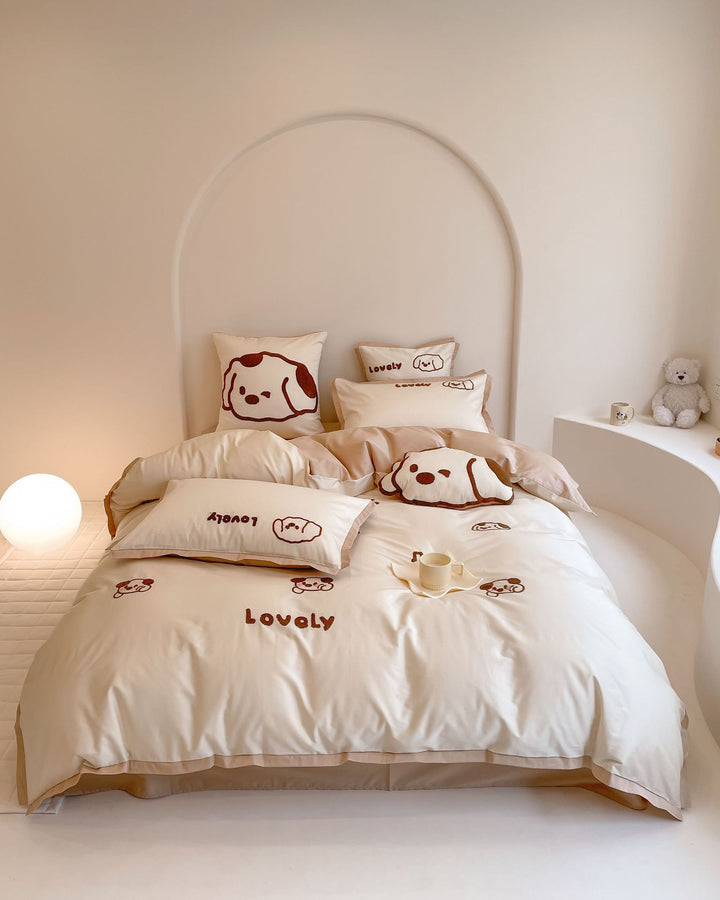 Children's bedding set with ruffles, embroidered cartoon appliqués and soft cotton satin