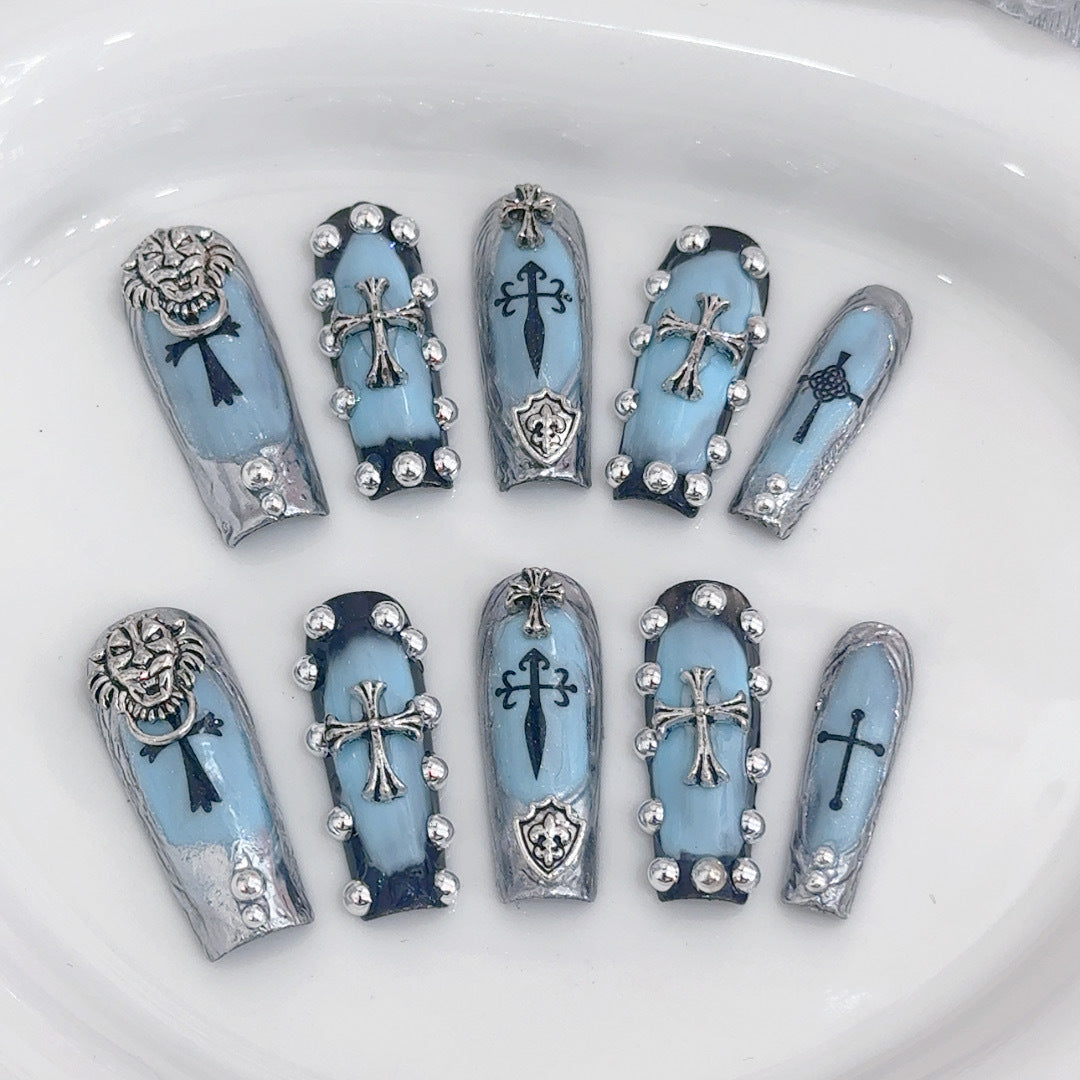 Decorative 3D Press-On Nail Set with Gothic Elements