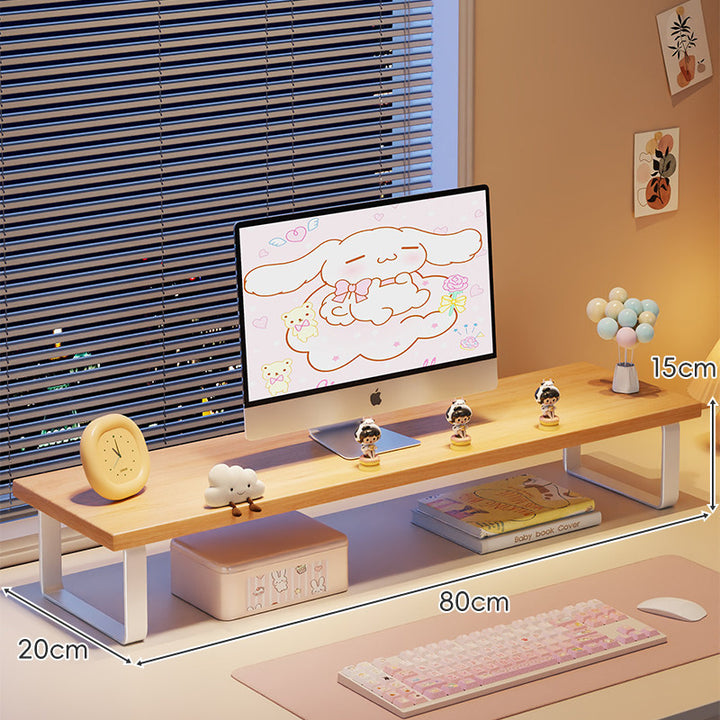 Elevated Monitor Riser Stand with Wood-Effect Top Metal Frame and Under-Shelf Storage