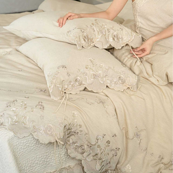Luxurious embroidered linen bedding set with lace edge