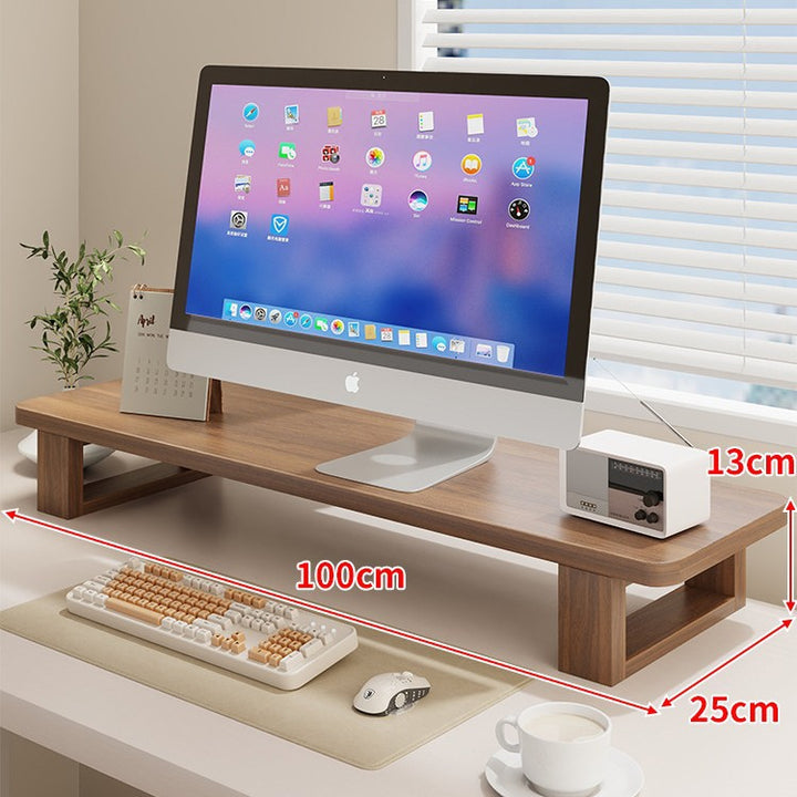 Wide Wooden Monitor Riser Shelf with Under-Shelf Storage and Cable Management