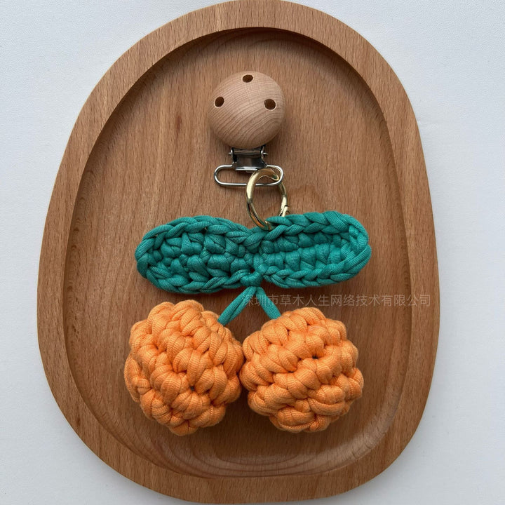 Handcrafted Wooden-Clip Pacifier and Teether Lanyard with Crochet Fruit Charms