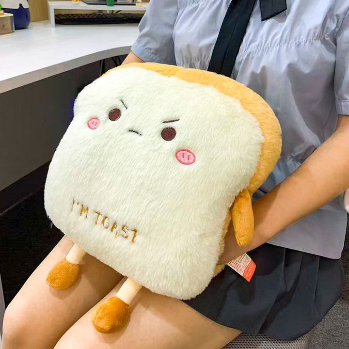 Cuddly plush cushion in toast shape with embroidery and soft filling