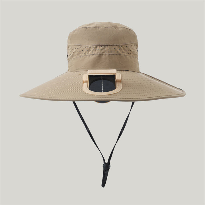 wide-brimmed outdoor sun hat with solar module, quiet mini fan, and adjustable chin strap Kalsten