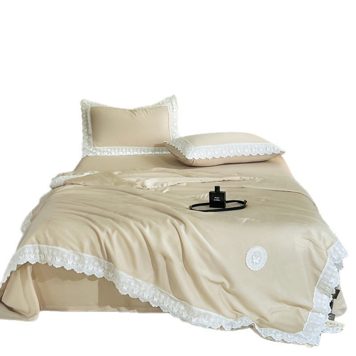 Cotton satin duvet cover set with decorative lace appliqué and embroidered medallion
