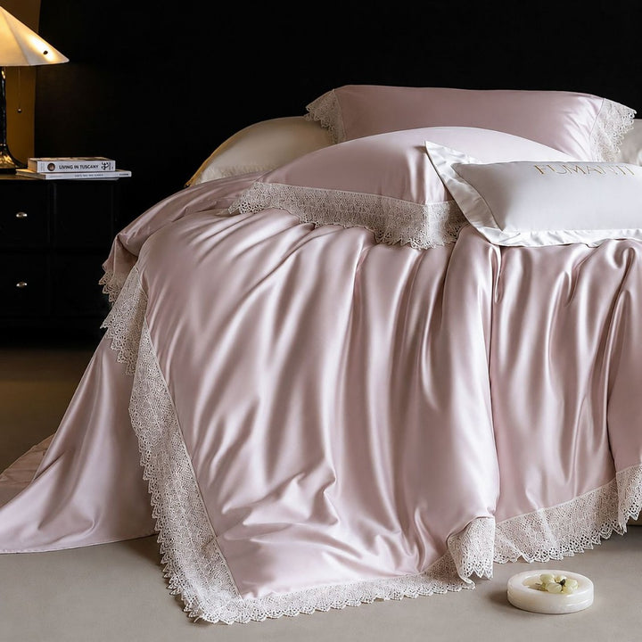 Luxurious satin bedding set with fine lace edging