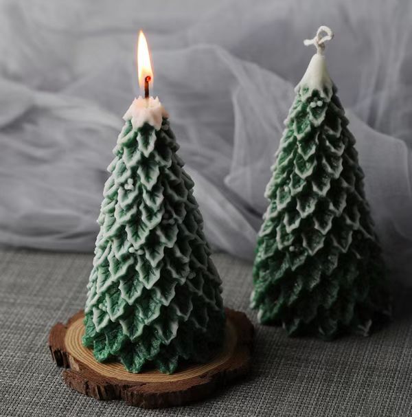 Sculpted Pine Tree Decorative Pillar Candle with Layered Needle Texture