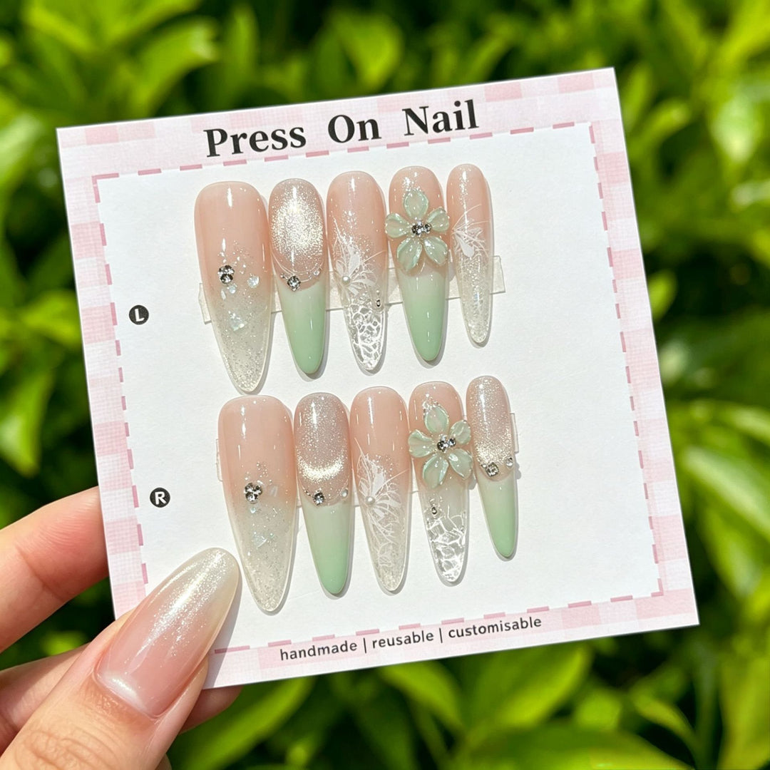 Artistic Press-On Nail Set with Floral and Patterned Designs