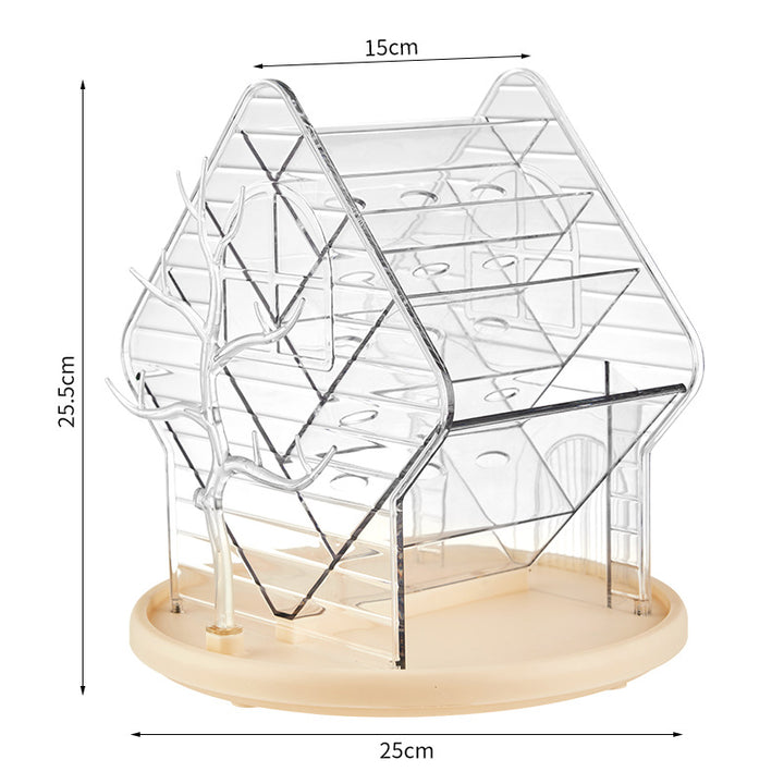 Rotating cosmetic organizer in house shape made of acrylic with lipstick holder and removable catch tray