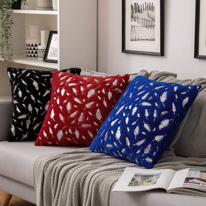 Square Plush Decorative Cushion with Metallic Feather Accent and Removable Cover