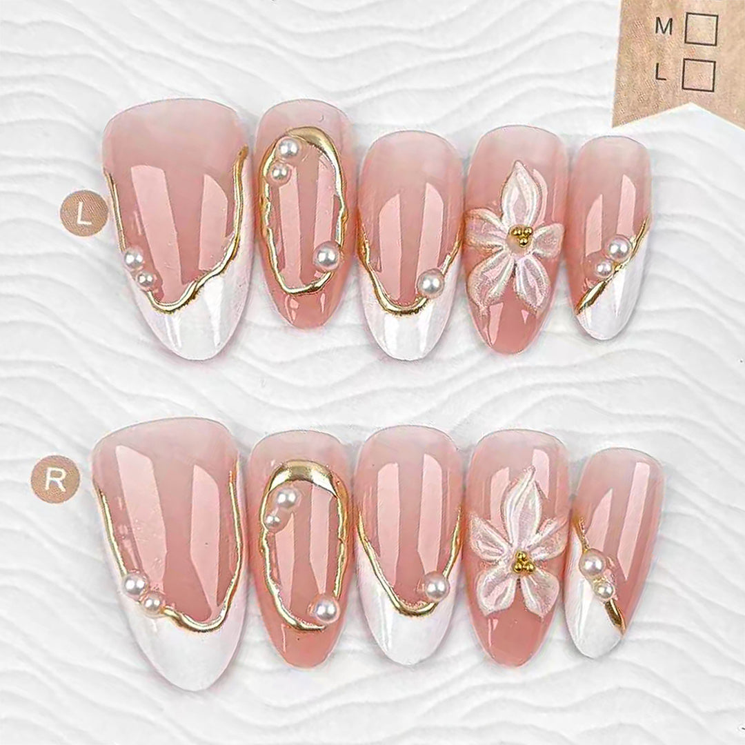 Floral and Pearl-Embellished Press-On Nail Art Set Kalsten