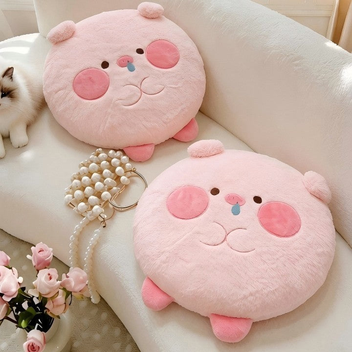 Round plush floor cushion with a cute pig face and extra soft filling