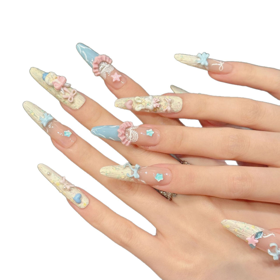 Artistic Press-On Nail Set with Vibrant Ocean-Inspired Accents