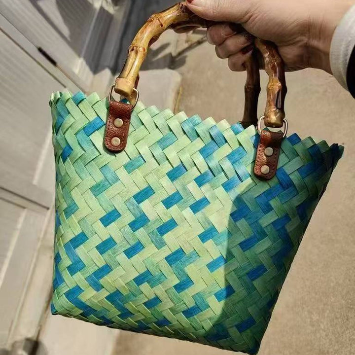 Woven Material Handbag with Wooden Handles Kalsten