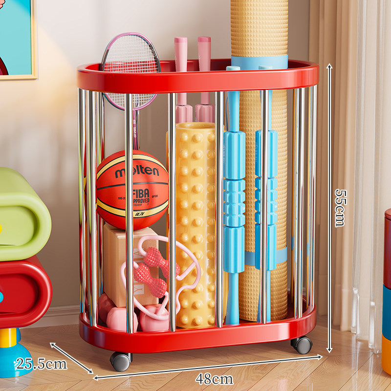 Vertical Rolling Sports Gear Storage Organizer with Cylindrical Metal Bar Frame and Casters