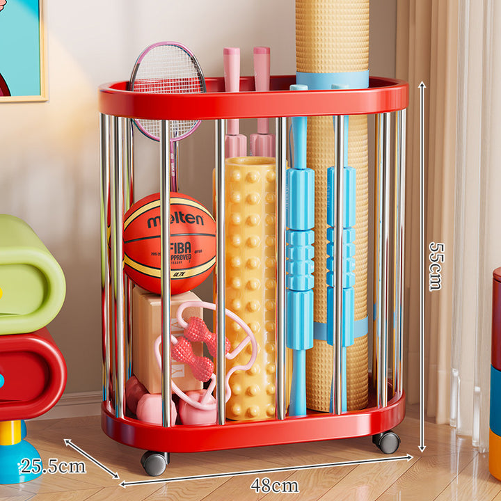 Vertical Rolling Sports Gear Storage Organizer with Cylindrical Metal Bar Frame and Casters