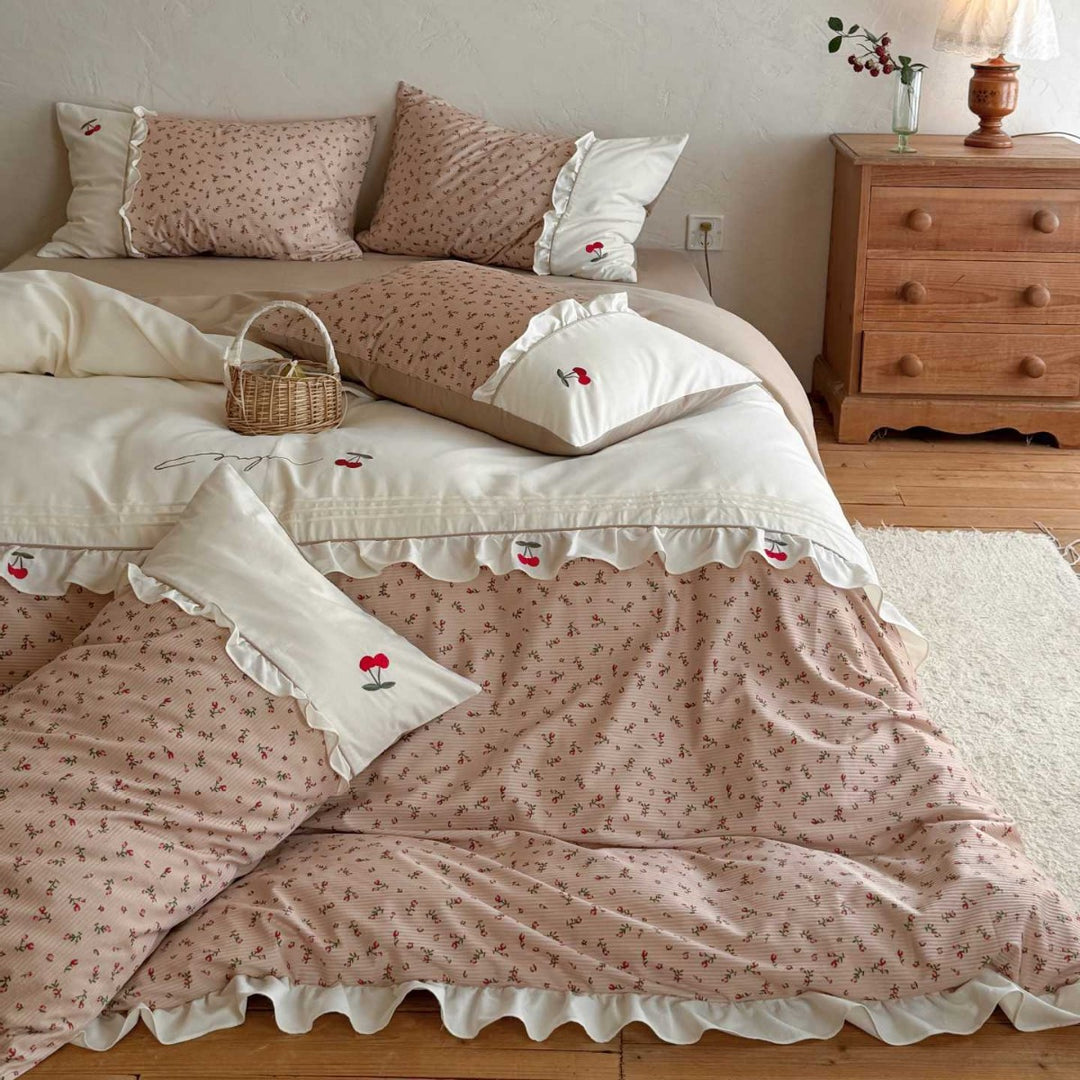 Bedding set in cottage style with cherry embroidery, ruffle and micro print