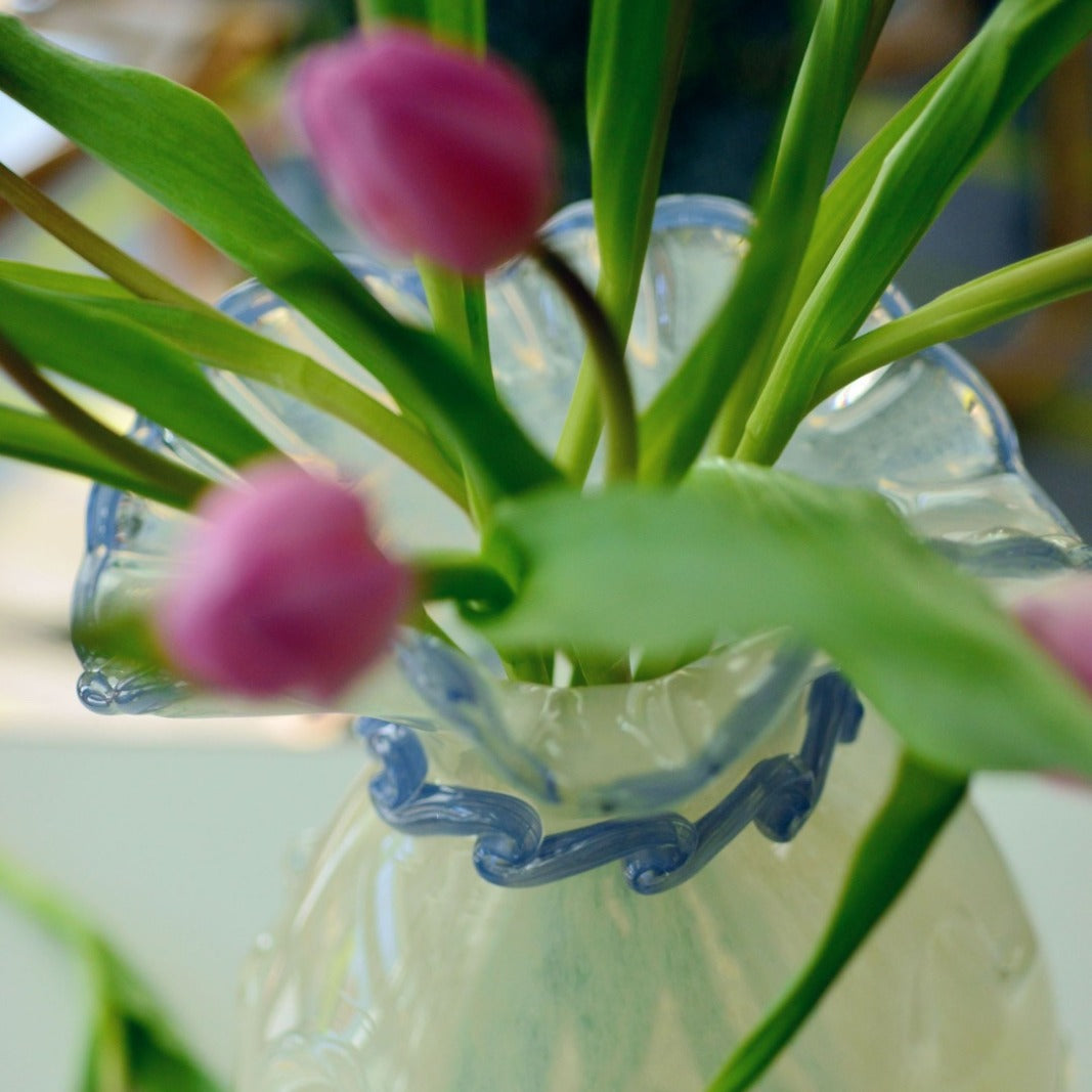 Handblown Opalescent Ruffled-Rim Sculptural Art Glass Vase with Twisted Collar Accent Kalsten
