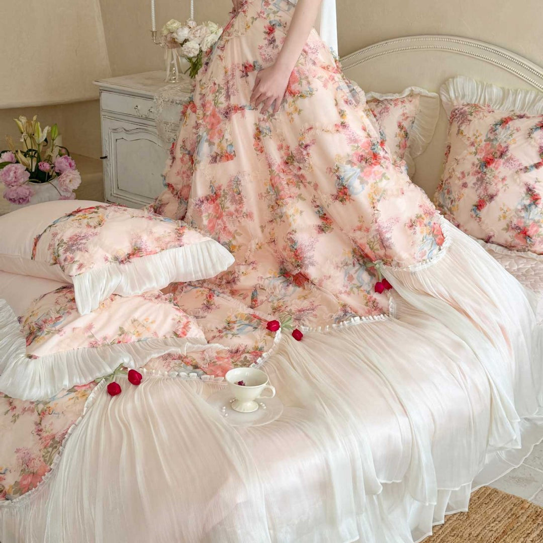 Luxurious multi-piece vintage bedding set with ruffles and floral pattern