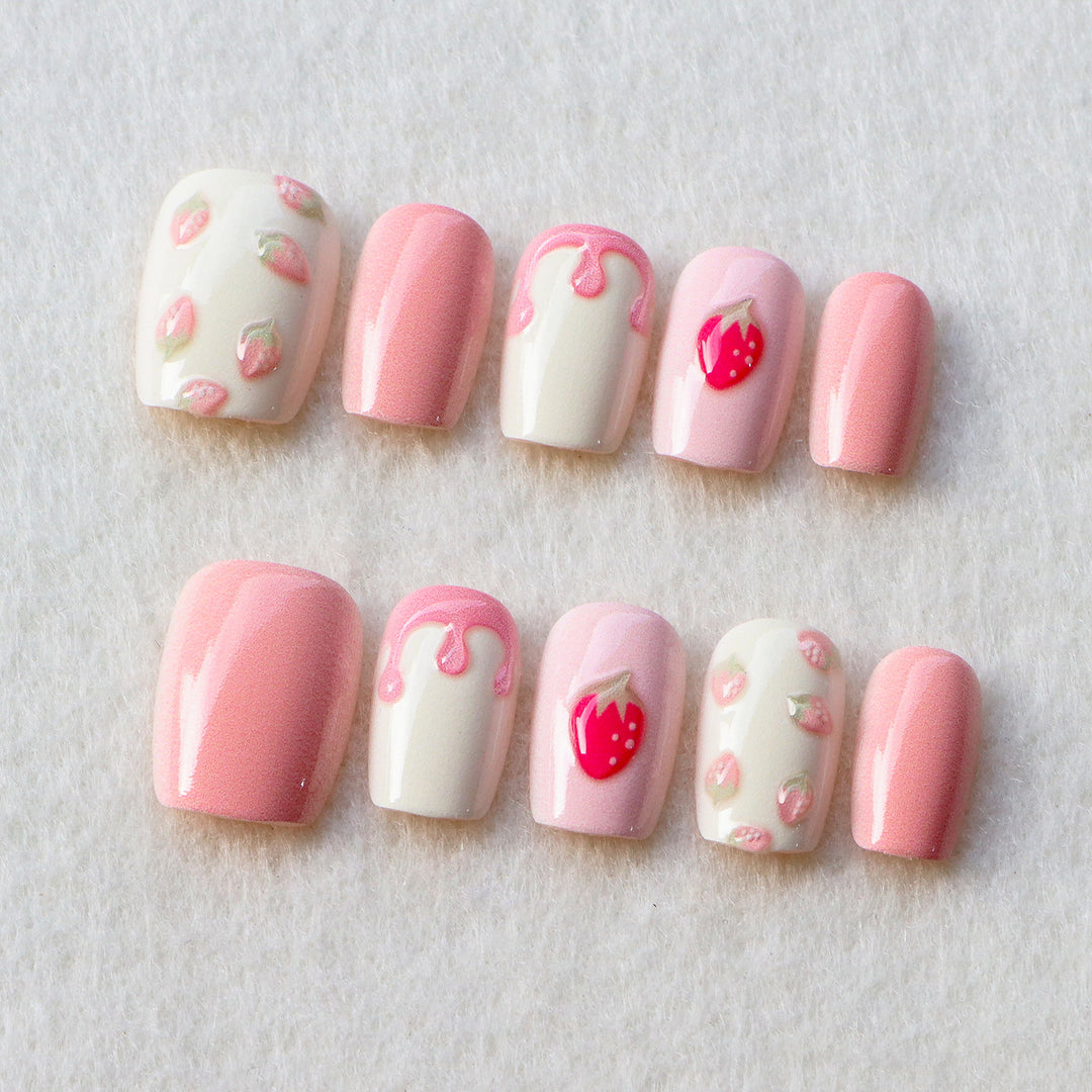 Creative Strawberry-Themed Press-On Nail Art