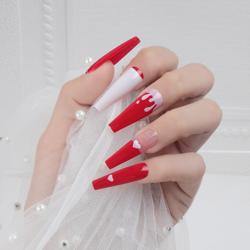 Artistic Long Stiletto Press-On Nails with Heart and Drip Design Kalsten