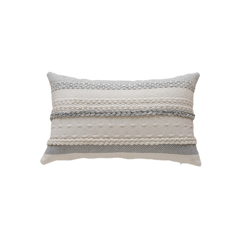 Woven Cotton Textured Lumbar Throw Pillow Cover with Braided Stripe Embellishments