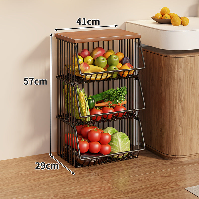 Compact Triple-Tier Rolling Wire Vegetable and Fruit Storage Cart with Wooden Top