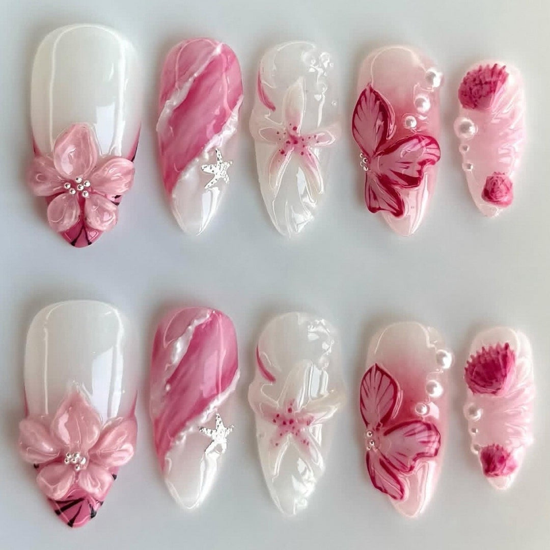 Acrylic nail set with elegant flower and glitter pattern Kalsten