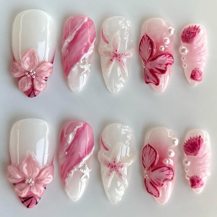 Acrylic nail set with elegant flower and glitter pattern Kalsten