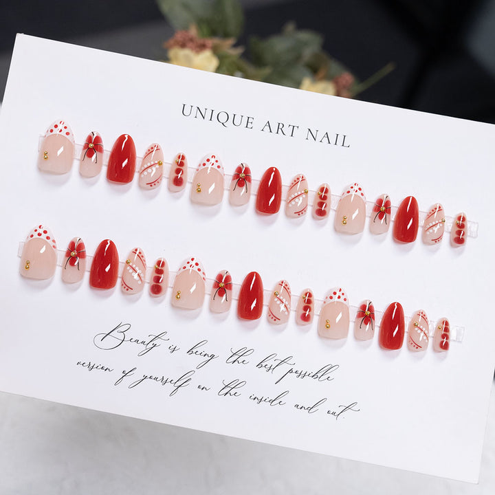 Artistic Press-On Nail Set with Floral and Geometric Patterns