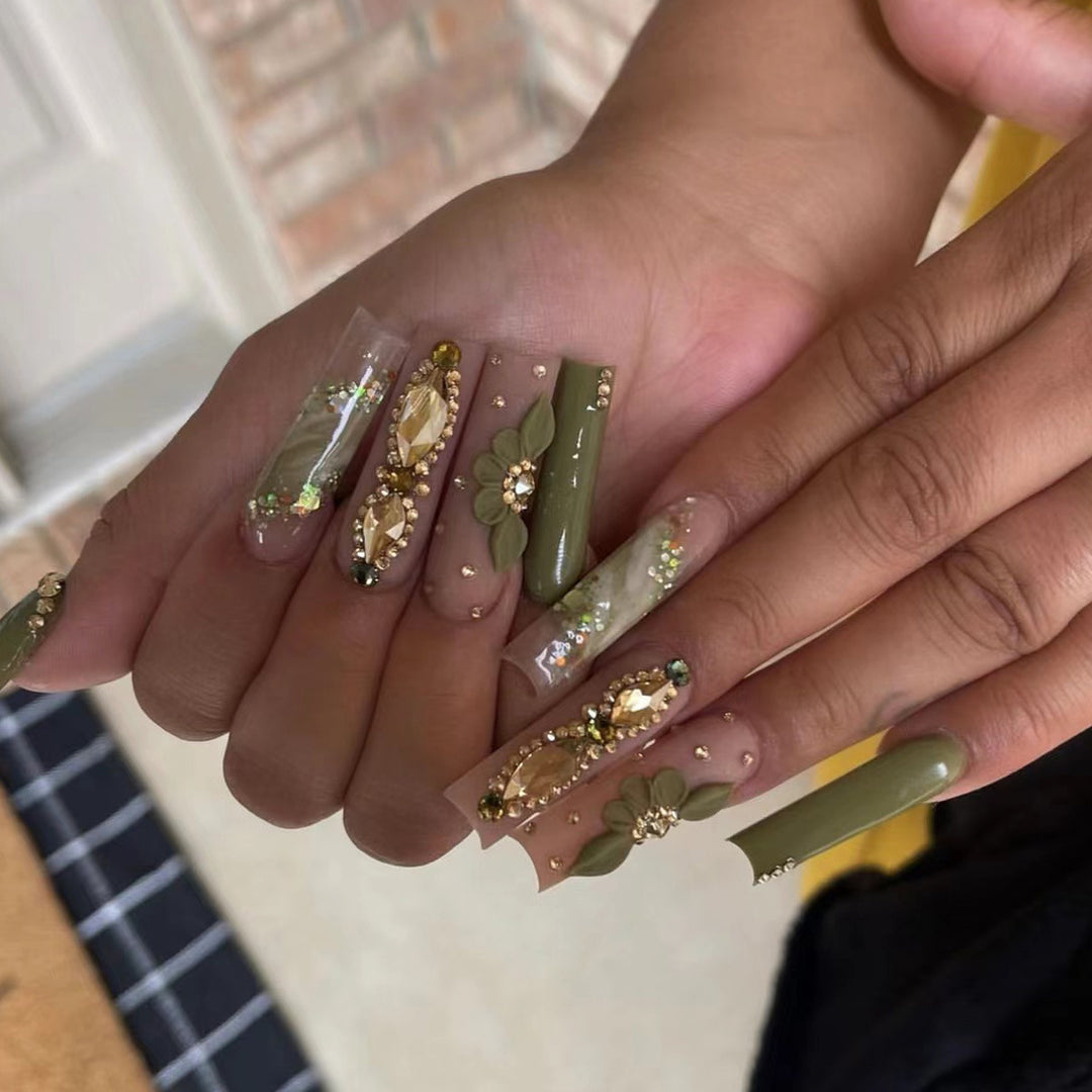 Decorative Floral Press-On Nails with Gem Accents Kalsten