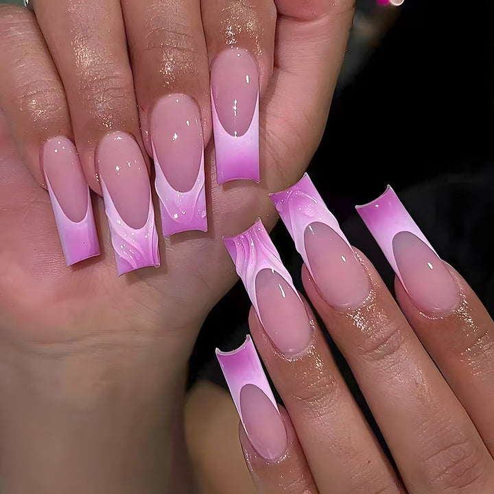 Elegant Long Acrylic Press-On Nail Set with Artistic Ombré Design Kalsten