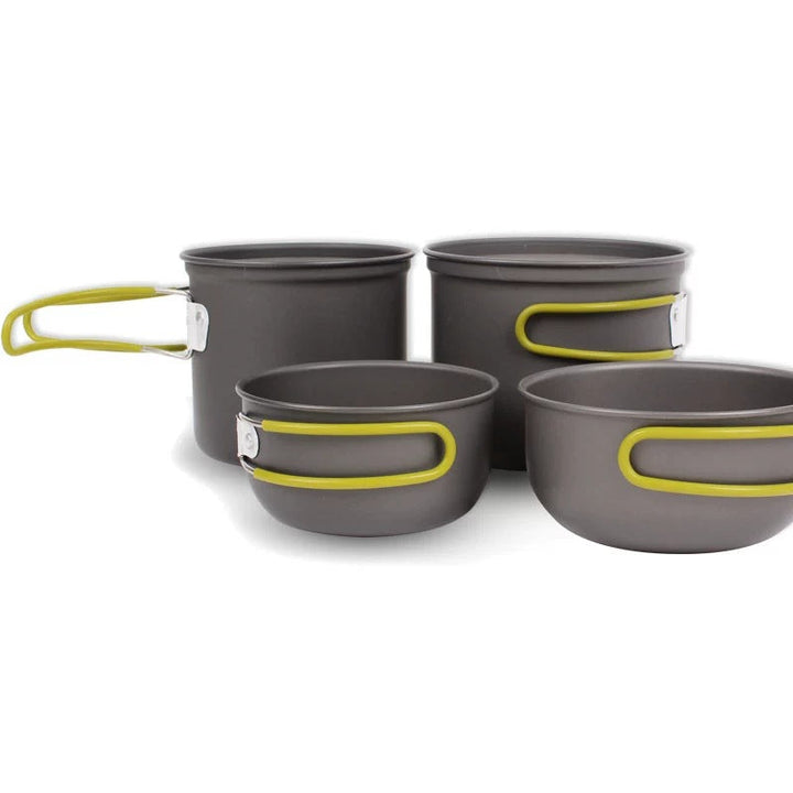 lightweight nesting anodized camping cookware set with folding silicone handles and measurement marks Kalsten