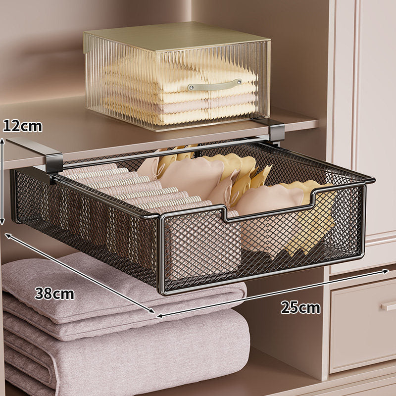 Under-Shelf Pull-Out Metal Mesh Storage Drawer with Clamp Mount