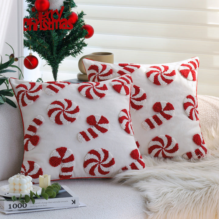 Square cushion cover with hand-tufted candy appliqués made of cotton-linen blend Kalsten