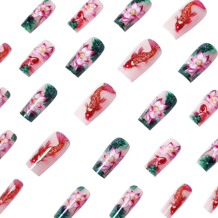 Artificial nails with floral lotus elements and koi pattern Kalsten
