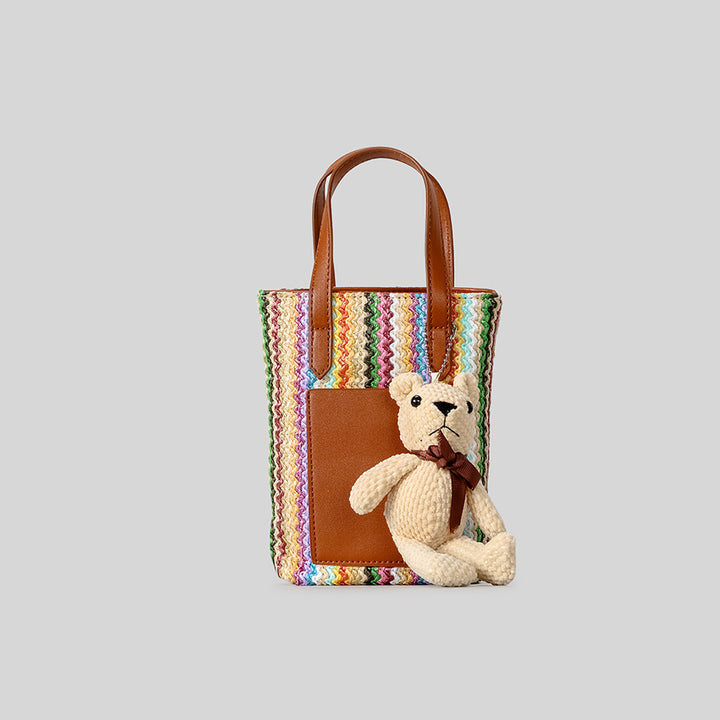 Playful Woven Tote Bag with Teddy Bear Detail