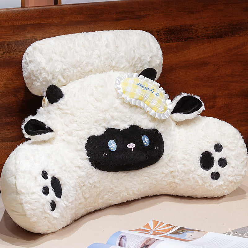 Plush lumbar and reading cushion in sheep shape with neck roll