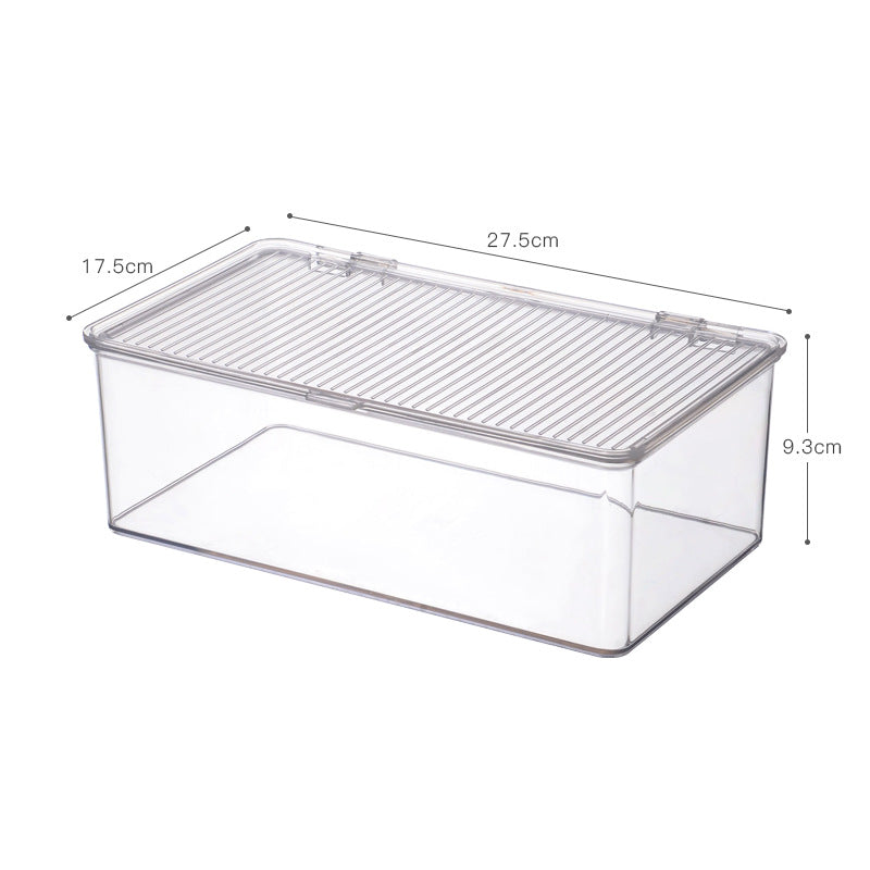 Transparent storage box with flip closure and ribbed lid surface
