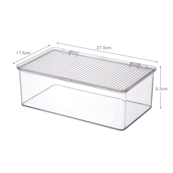 Transparent storage box with flip closure and ribbed lid surface