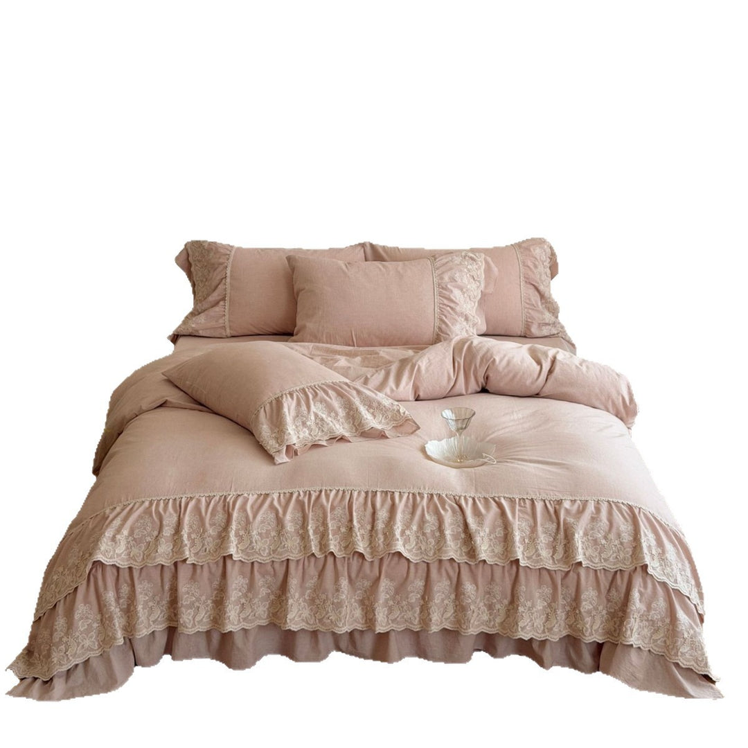 Premium cotton-linen bedding set with multilayered ruffles & floral lace embroidery