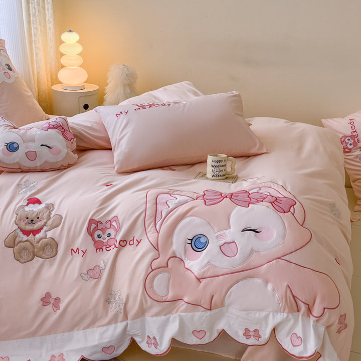 Playful children's bedding set with embroidered cat appliqué and cuddle pillow
