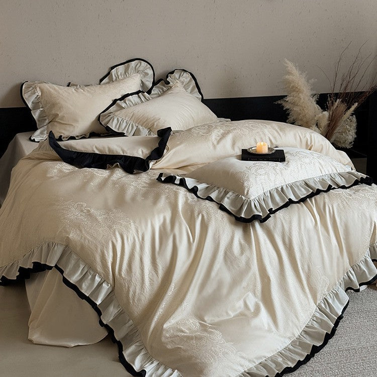 Romantic duvet cover set with ruffle border and fine jacquard embroidery