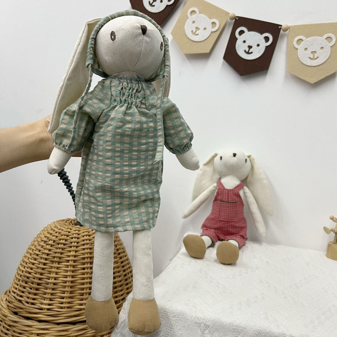 Handmade Linen Bunny Doll with Long Ears and Gingham Overalls