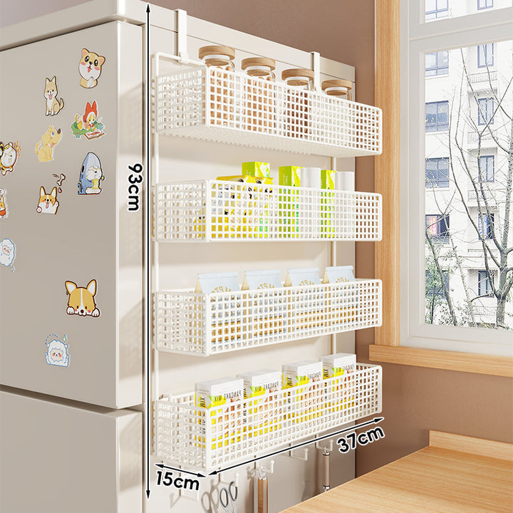 Over-Refrigerator Vertical Hanging Mesh Storage Rack with Deep Baskets and Hook Rail