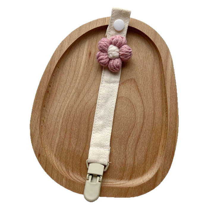 Crochet Flower Pacifier Clip with Cotton Strap