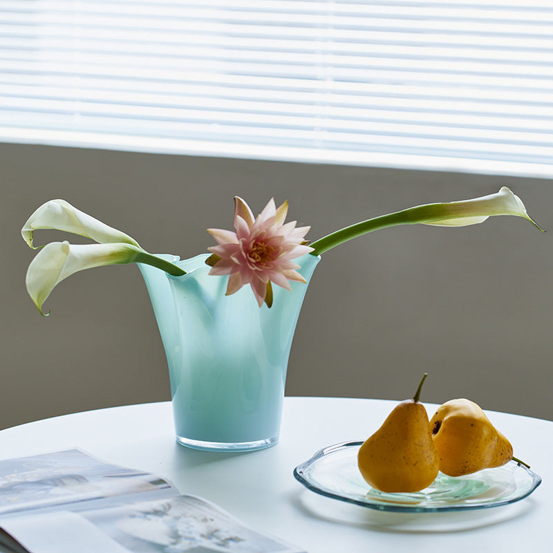 Handblown Tall Ruffled Rim Glass Vase Kalsten